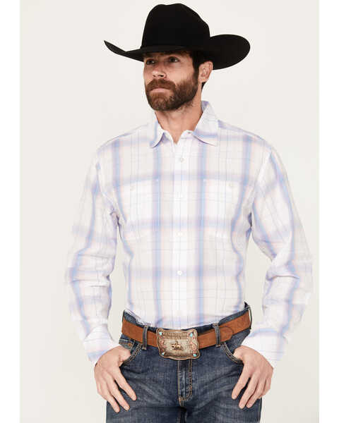 Resistol Men's Bozeman Ombre Plaid Print Long Sleeve Button Down Western Shirt, Blue/white, hi-res