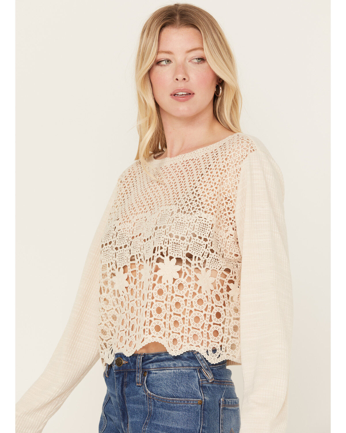 Image #2 - Wild Moss Women's Crochet Front Knit Top, Ivory, hi-res