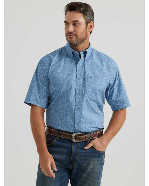Image #1 - George Strait by Wrangler Men's Paisley Print Short Sleeve Stretch Western Shirt, Blue, hi-res