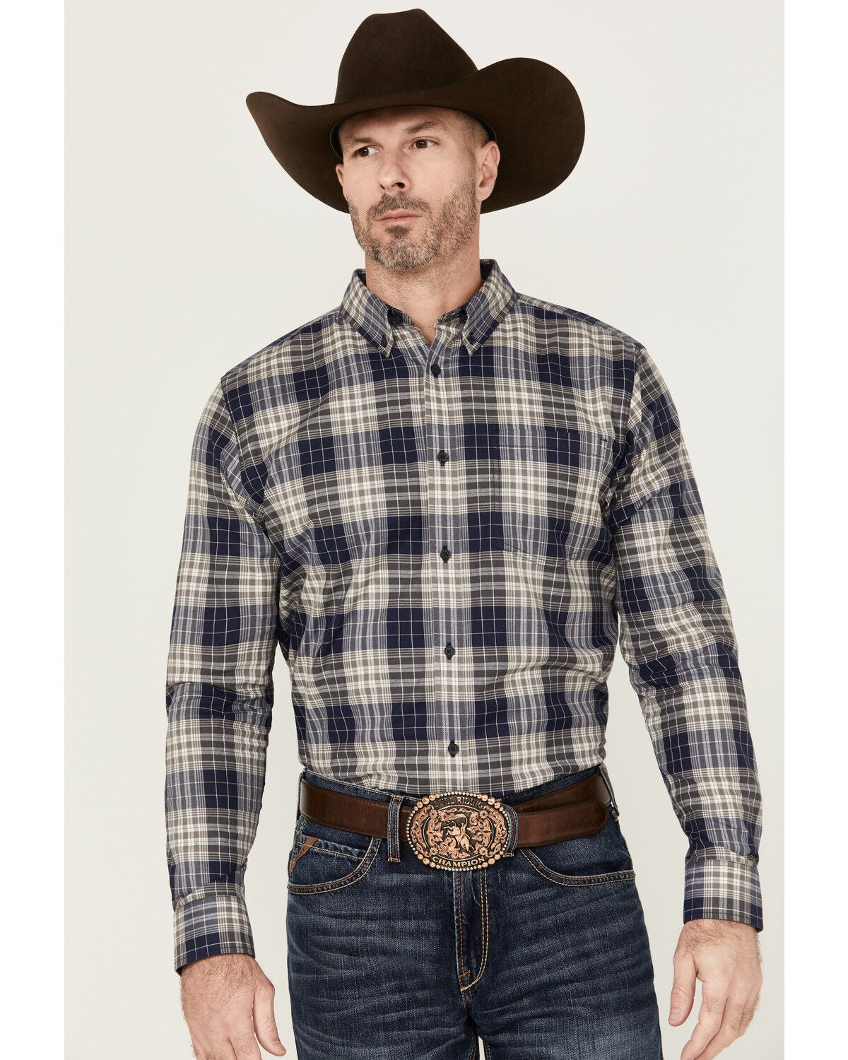 Cody James Men's Howdy Plaid Print Long Sleeve Button-Down Stretch Western Shirt, Navy, hi-res