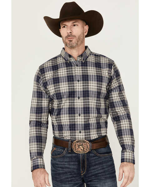 Image #1 - Cody James Men's Howdy Plaid Print Long Sleeve Button-Down Stretch Western Shirt , Navy, hi-res