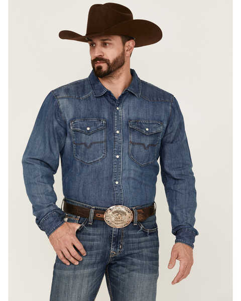 Image #1 - Kimes Ranch Men's Grimes Dark Indigo Wash Denim Long Sleeve Snap Western Shirt , Dark Blue, hi-res