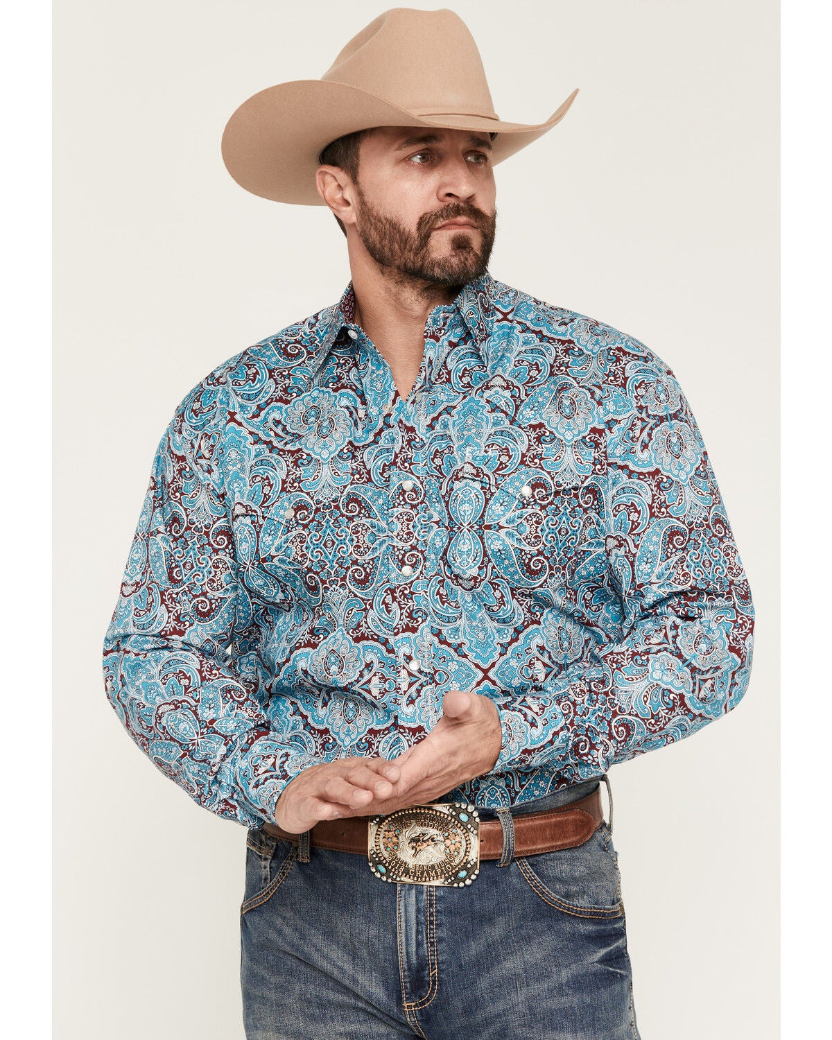 Stetson Men's Paisley Print Long Sleeve Snap Western Shirt, Blue, hi-res