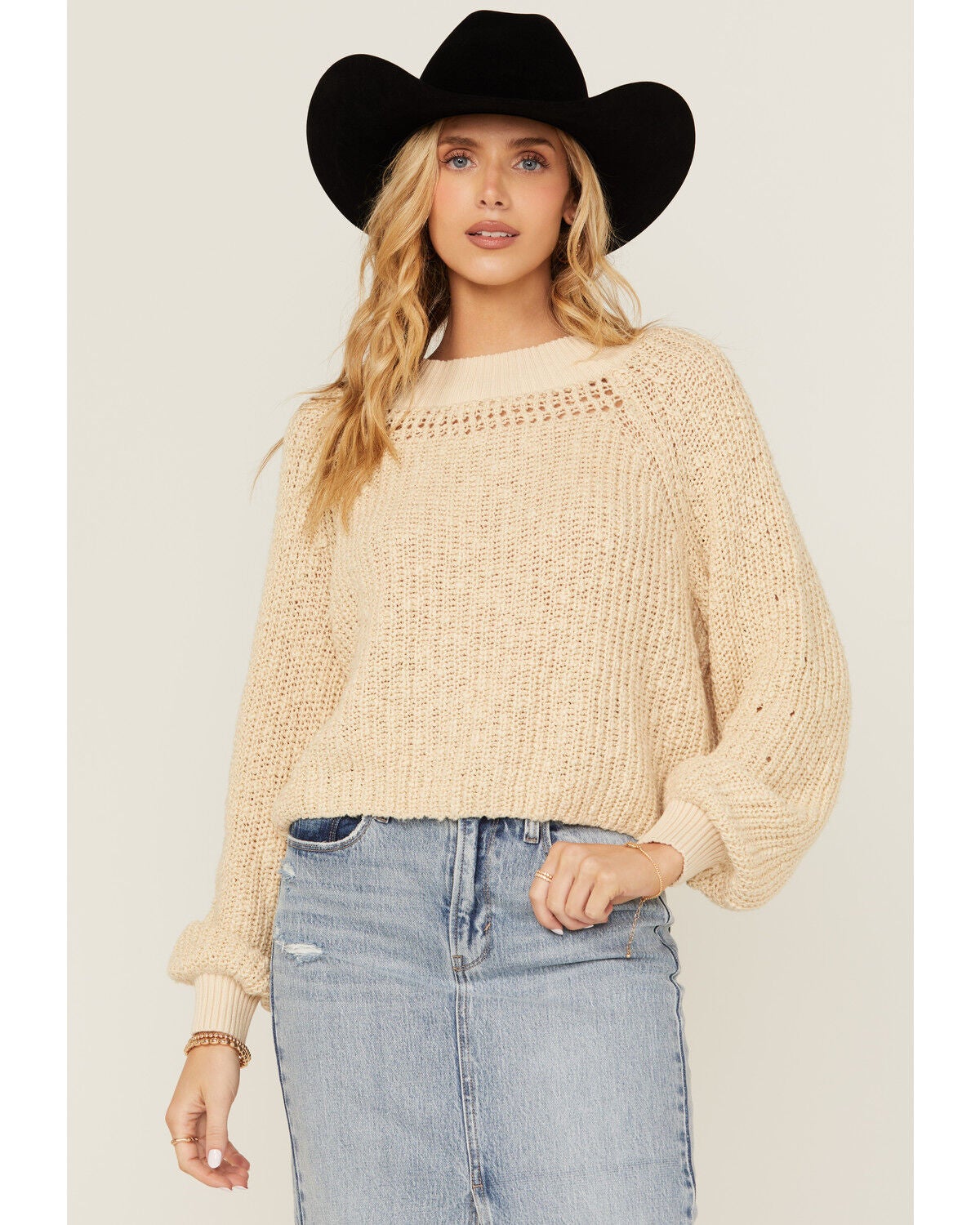 Cleo + Wolf Women's Celine Open Weave Cropped Sweater, Oatmeal, hi-res