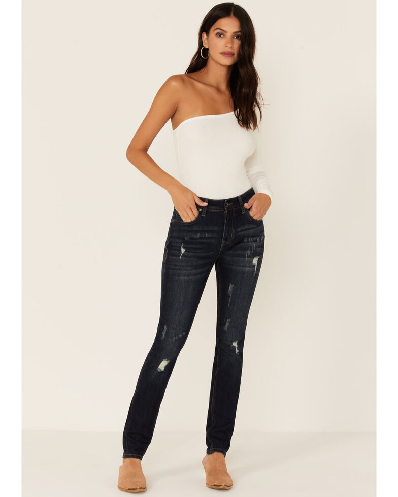 Grace In LA Women's Dark Wash Distressed Mid Rise Skinny Jeans, Blue, hi-res