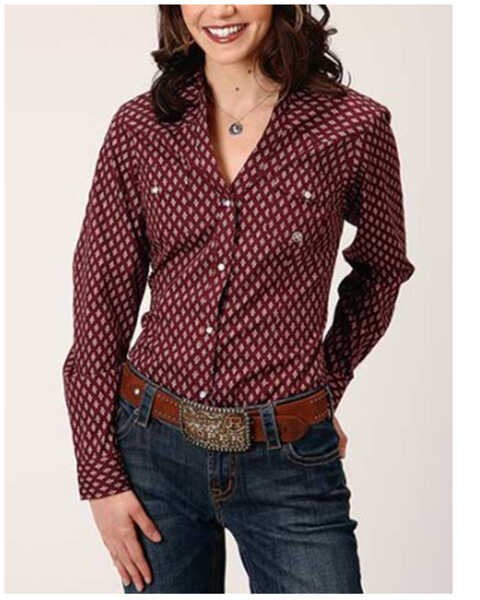 Image #1 - Roper Women's Geo Print Long Sleeve Snap Western Shirt, Wine, hi-res