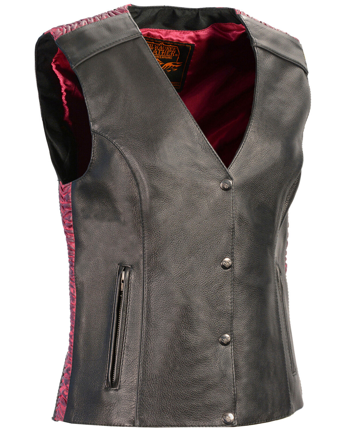 Image #1 - Milwaukee Leather Women's Phoenix Stud Embroidered Snap Front Vest - 3X, Pink/black, hi-res