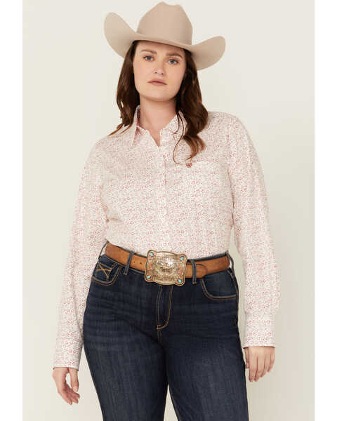 Image #1 - Ariat Women's Kirby Stretch Star Print Button-Down Long Sleeve Western Shirt - Plus, White, hi-res