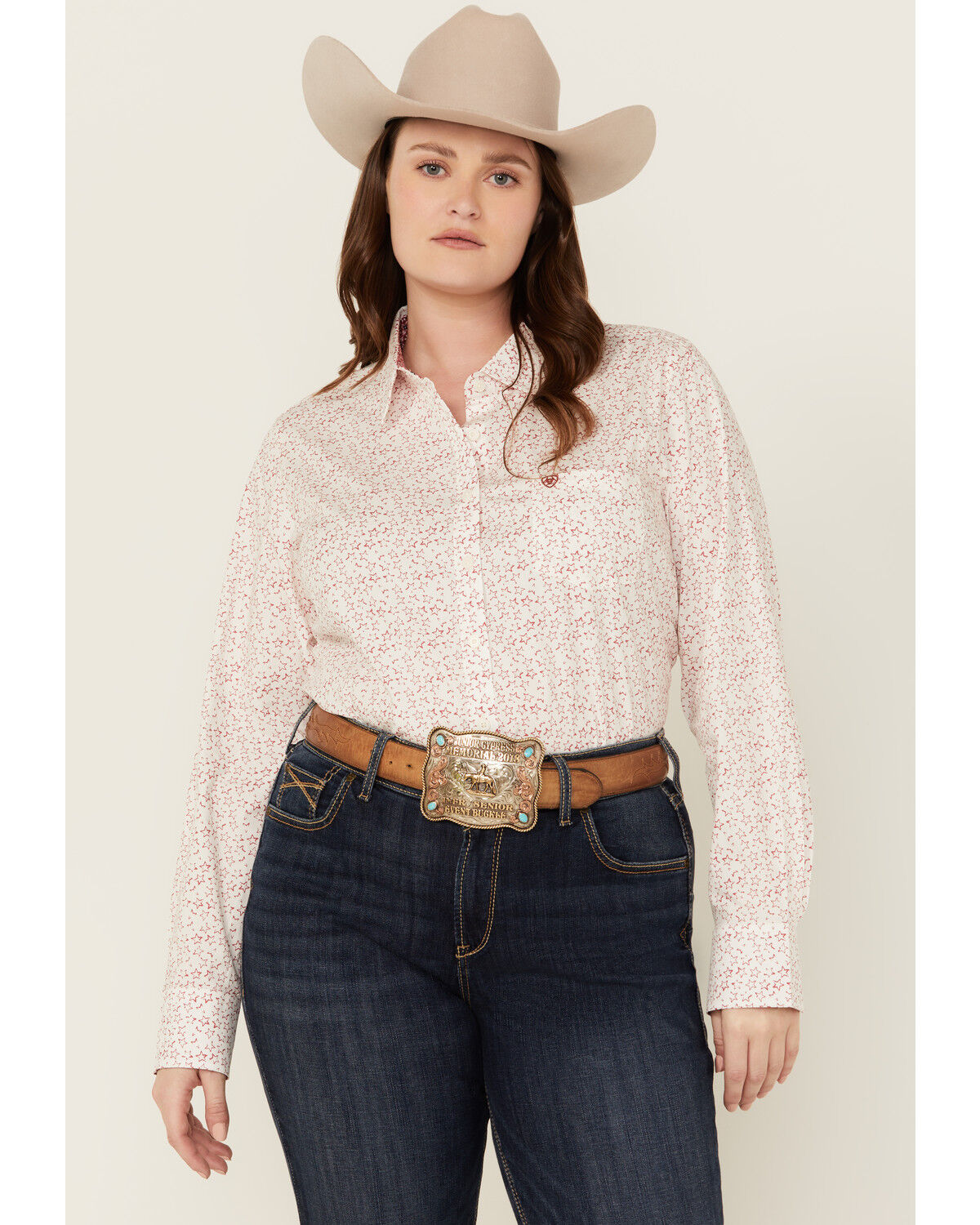 Image #1 - Ariat Women's Kirby Stretch Star Print Button-Down Long Sleeve Western Shirt - Plus, White, hi-res