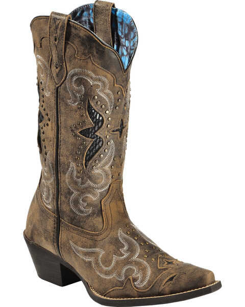 Laredo Women's Lucretia Studded Snake Inlay Cowgirl Boots - Snip Toe, Brown, hi-res
