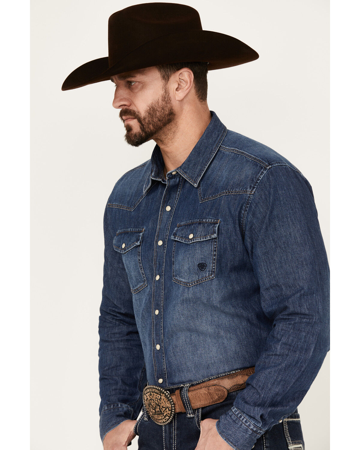 Image #2 - Ariat Men's Retro Stone Washed Denim Long Sleeve Western Shirt, Blue, hi-res