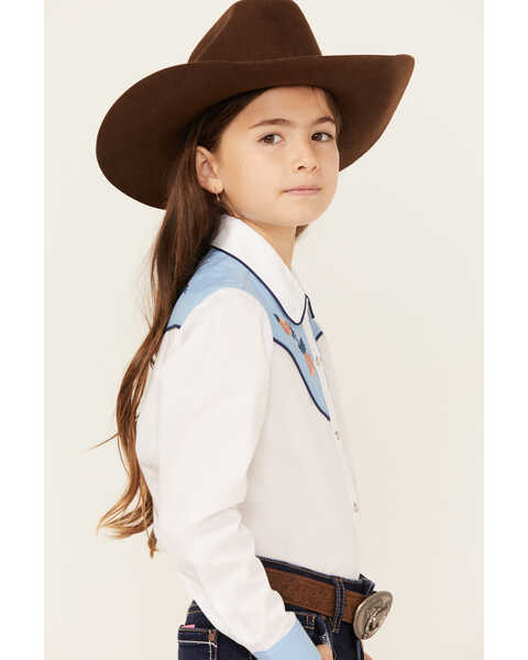 Image #2 - Ely Walker Girls' Embroidered Yoke Solid Long Sleeve Pearl Snap Western Shirt , White, hi-res