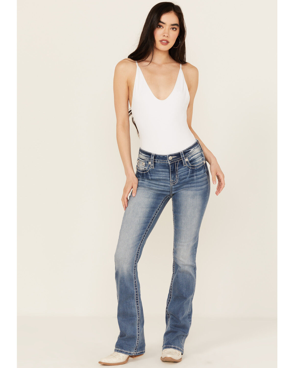 Image #3 - Miss Me Women's Fleur de Lis Medium Wash Mid Rise Bootcut Stretch Denim Jeans, Medium Wash, hi-res