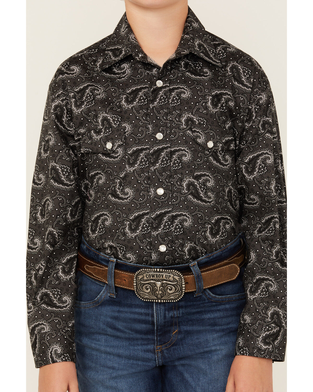 Image #3 - Rock & Roll Denim Boys' Paisley Print Long Sleeve Pearl Snap Western Shirt, Grey, hi-res
