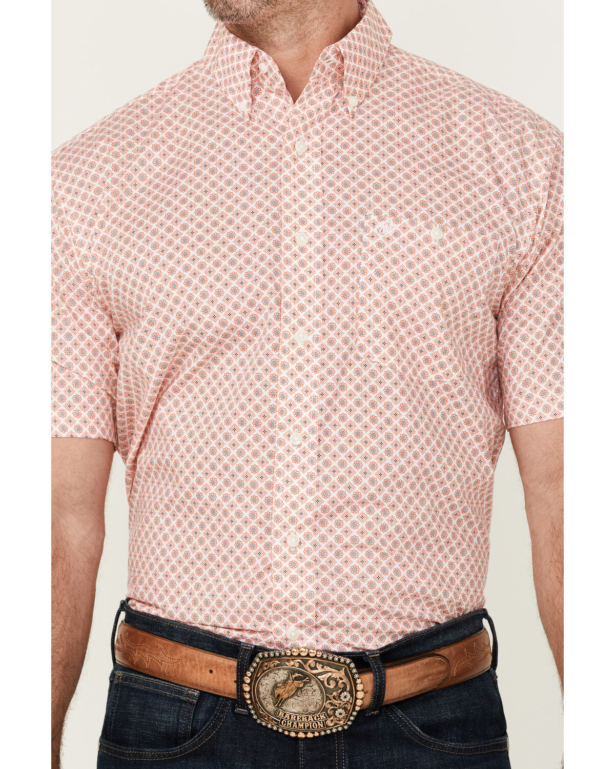 Image #3 - Wrangler Men's Classic Medallion Print Short Sleeve Button-Down Western Shirt, Orange, hi-res