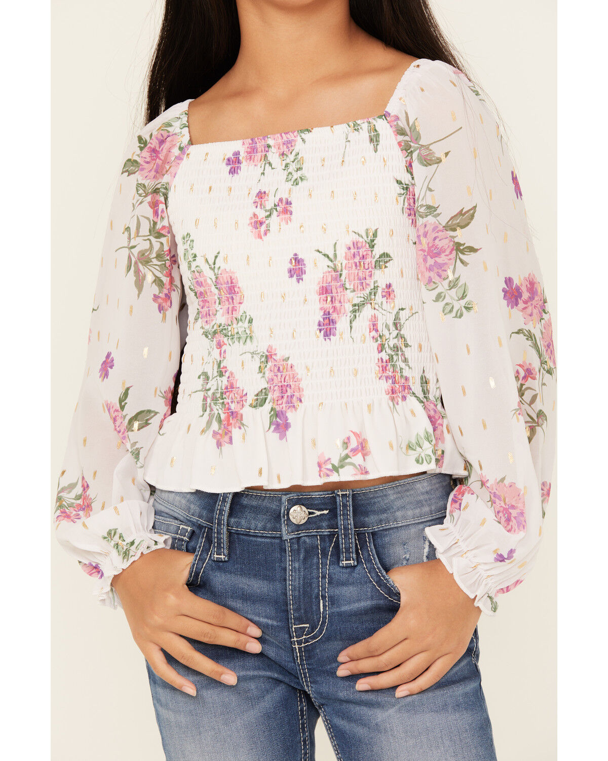 Image #3 - Sugar California Girls' Floral Printed Long Sleeve Smocked Shirt, Ivory, hi-res