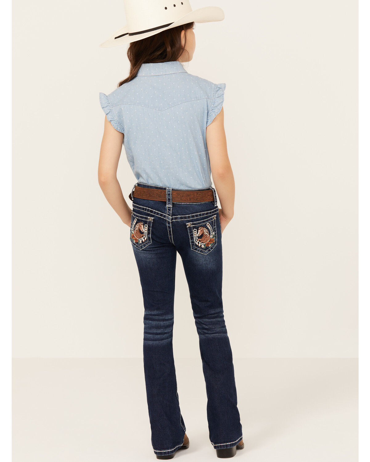 Image #1 - Shyanne Little Girls' Dark Wash Horseshoe Pocket Bootcut Stretch Denim Jeans, Medium Wash, hi-res