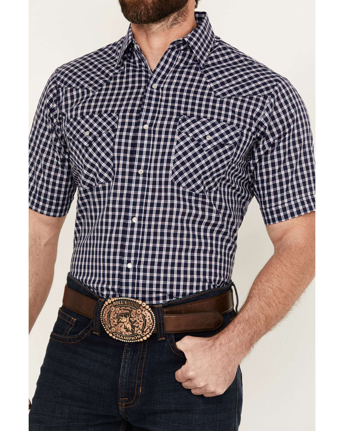 Image #3 - Ely Walker Men's Plaid Print Short Sleeve Snap Western Shirt, Navy, hi-res