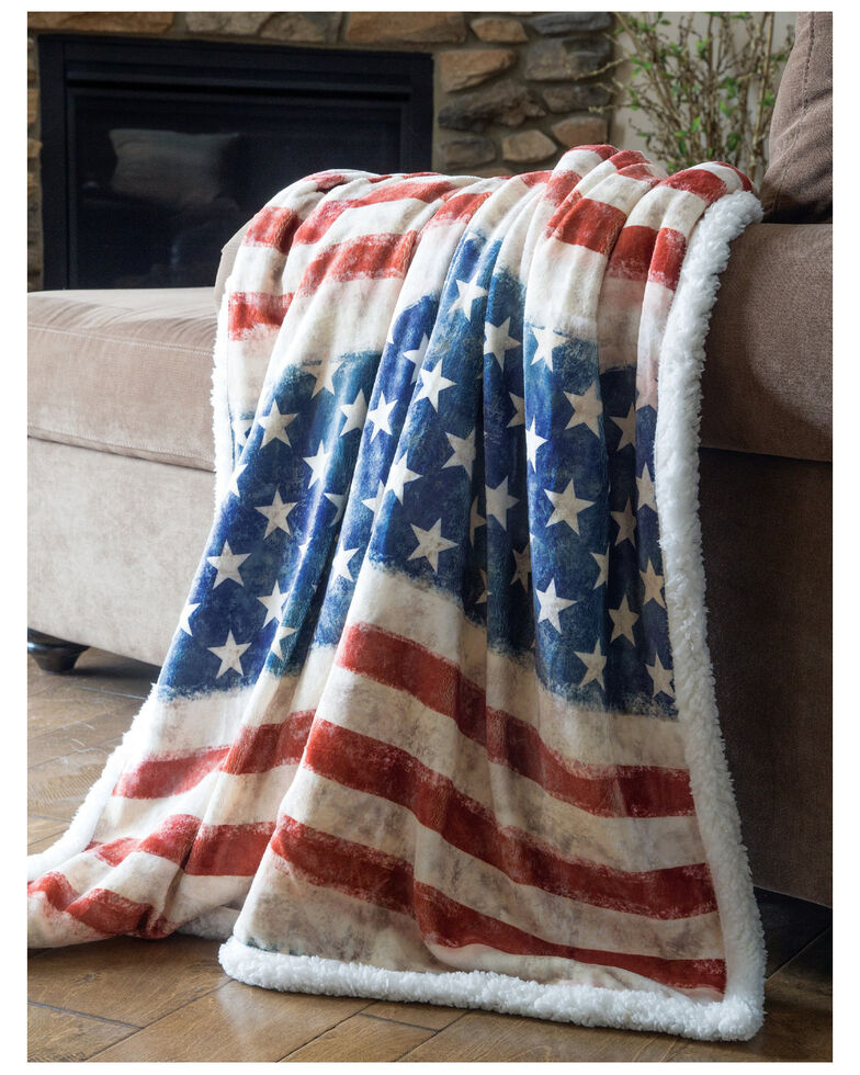 Carstens Home Wrangler Stars & Stripes USA American Flag Sherpa Fleece Throw Blanket , Blue, hi-res