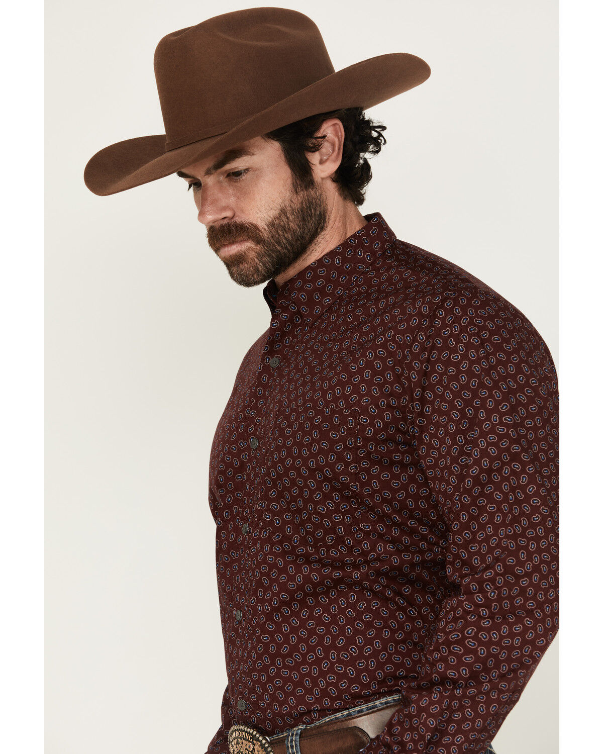 Image #2 - Wrangler X Cody Johnson Men's Paisley Print Long Sleeve Button-Down Western Shirt, Burgundy, hi-res