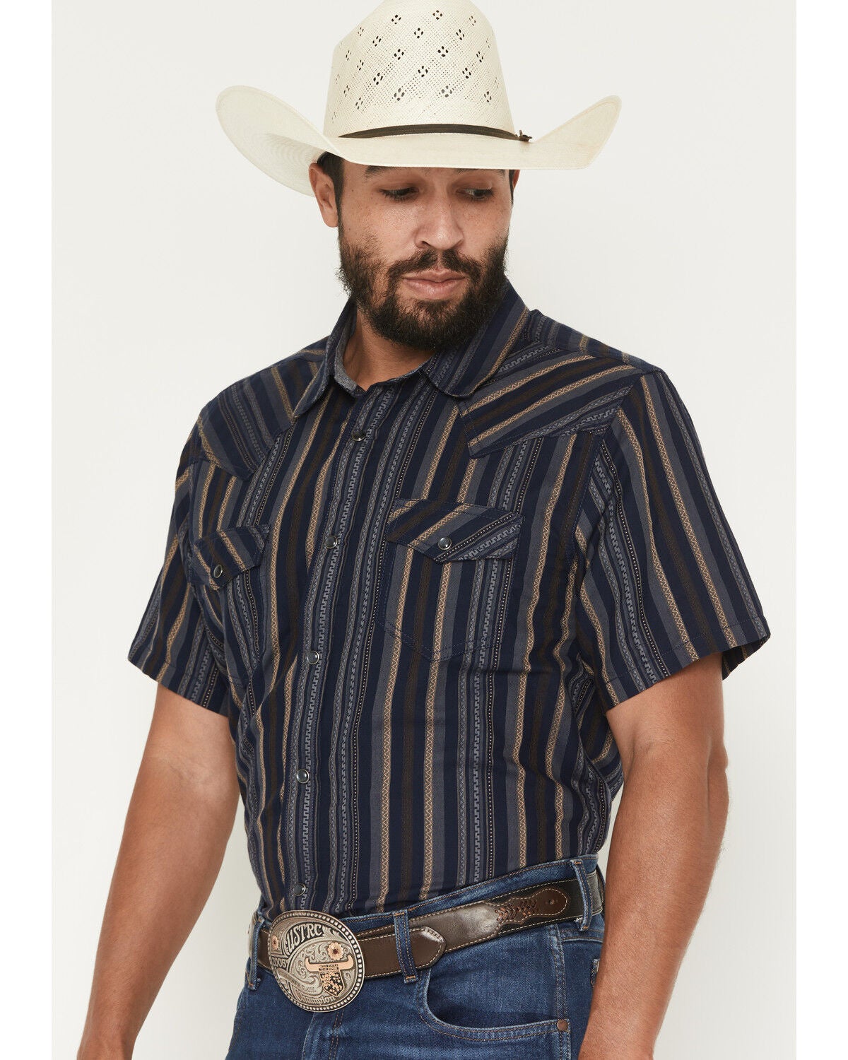 Image #2 - Cody James Men's Highland Rim Striped Print Short Sleeve Snap Western Shirt - Big, Navy, hi-res
