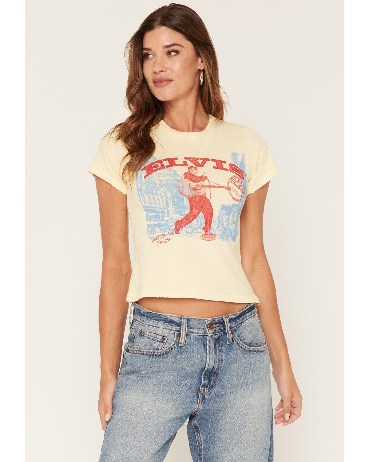 Daydreamer Women's Sun Records X Elvis Good Rockin Short Sleeve Graphic Baby Tee, Yellow, hi-res