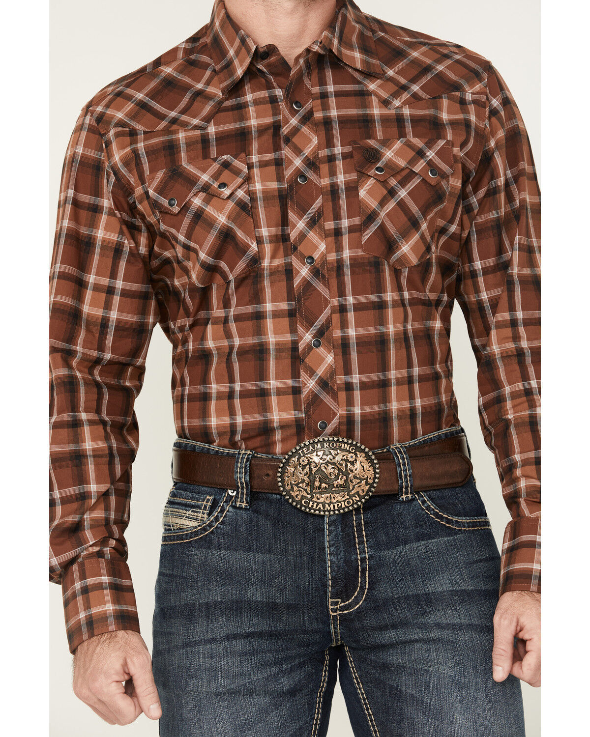 Image #3 - Wrangler Retro Men's Plaid Print Long Sleeve Snap Western Shirt, Brown, hi-res