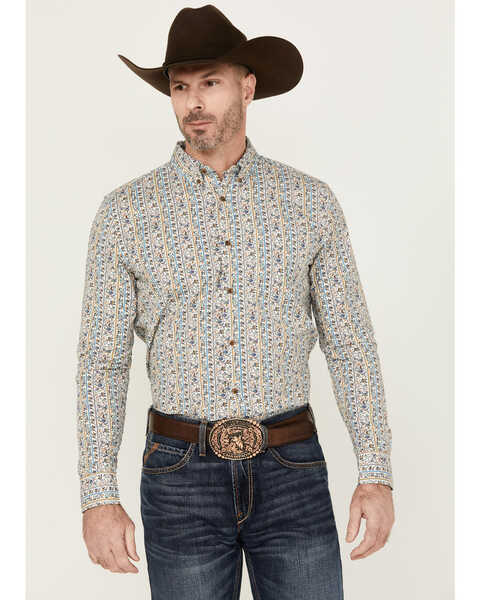 Image #1 - Cody James Men's Wells Floral Striped Print Long Sleeve Button-Down Stretch Western Shirt , Gold, hi-res