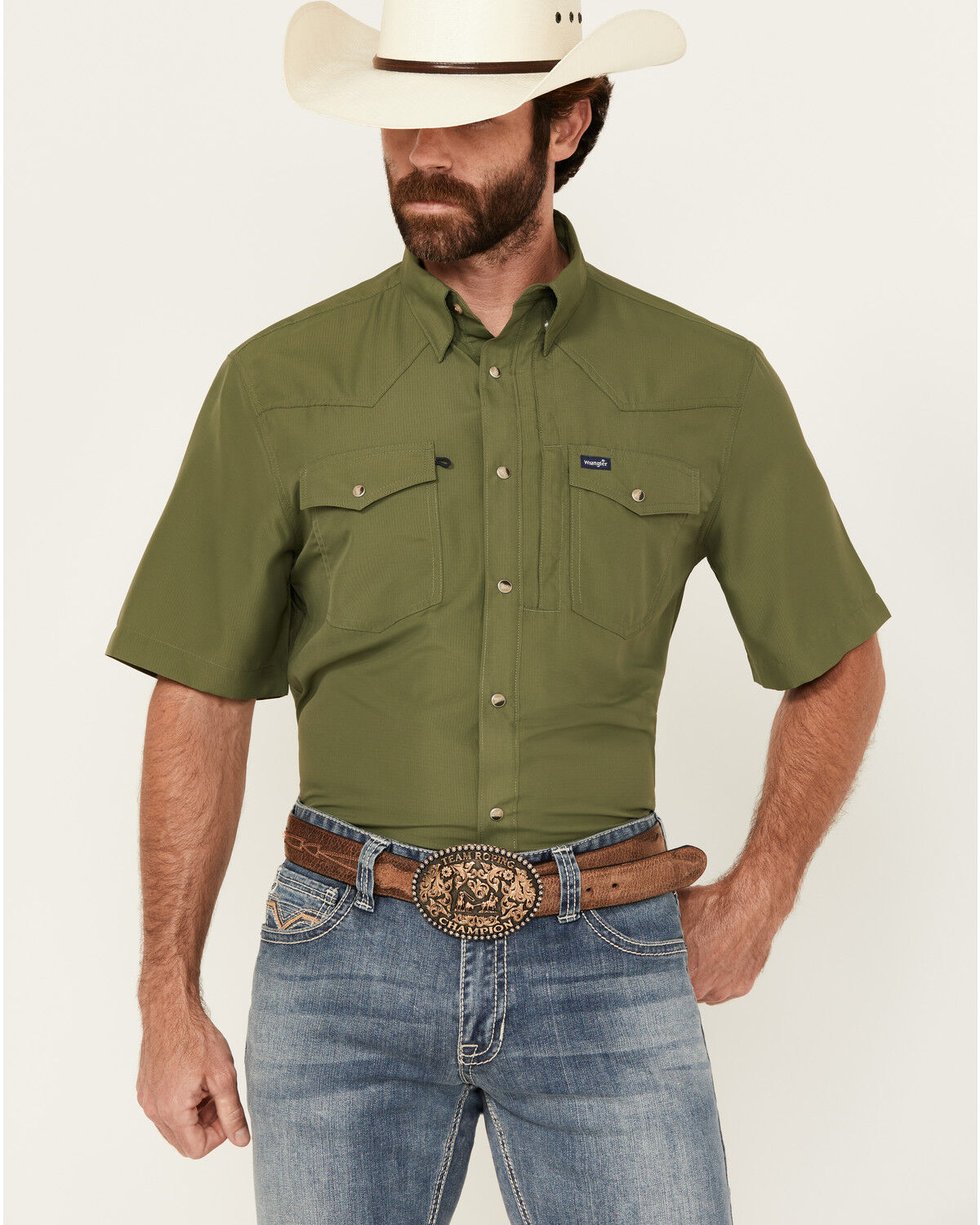 Image #1 - Wrangler Men's Solid Short Sleeve Snap Performance Western Shirt - Tall, Green, hi-res