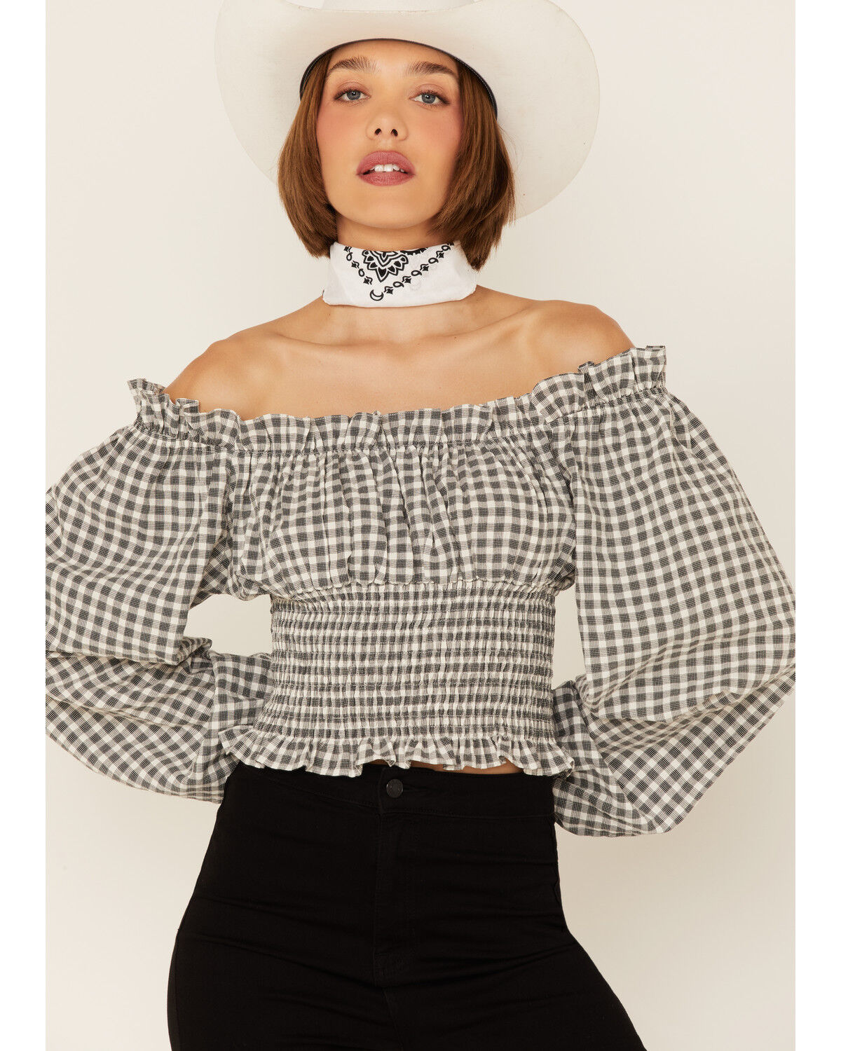 Image #2 - Beyond The Radar Women's Checkered Long Sleeve Crop Peasant Top, Black/white, hi-res