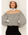 Image #2 - Beyond The Radar Women's Checkered Long Sleeve Crop Peasant Top, Black/white, hi-res