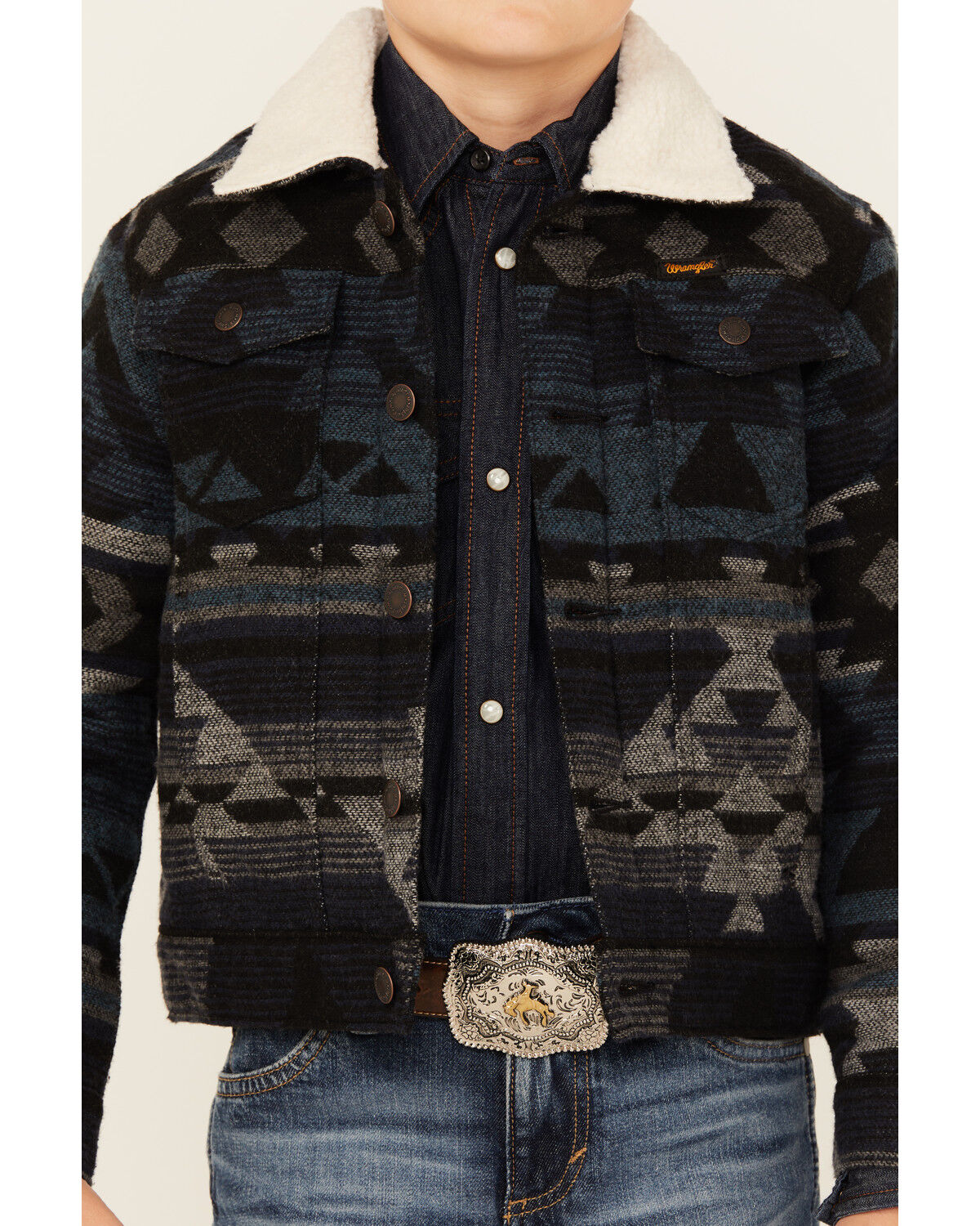 Image #3 - Wrangler Boys' Southwestern Print Sherpa Lined Jacket, Navy, hi-res