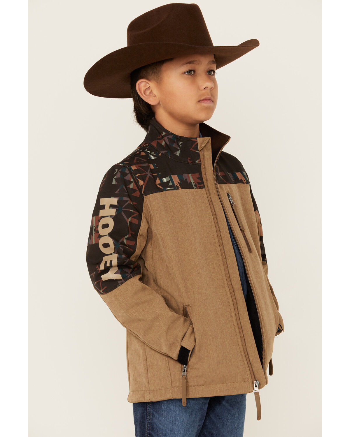 Image #2 - Hooey Boys' Southwestern Print Color Block Softshell Jacket, Tan, hi-res
