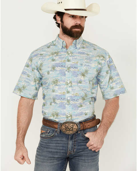 Image #1 - Ariat Men's Edwin Palm Tree Island Print Short Sleeve Button-Down Western Shirt - Tall , Blue, hi-res