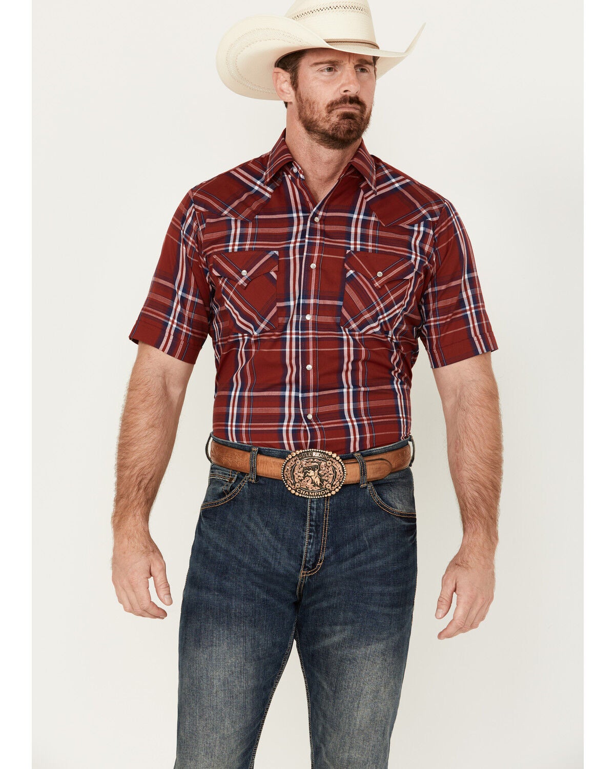 Ely Walker Men's Plaid Print Short Sleeve Pearl Snap Western Shirt, Red, hi-res