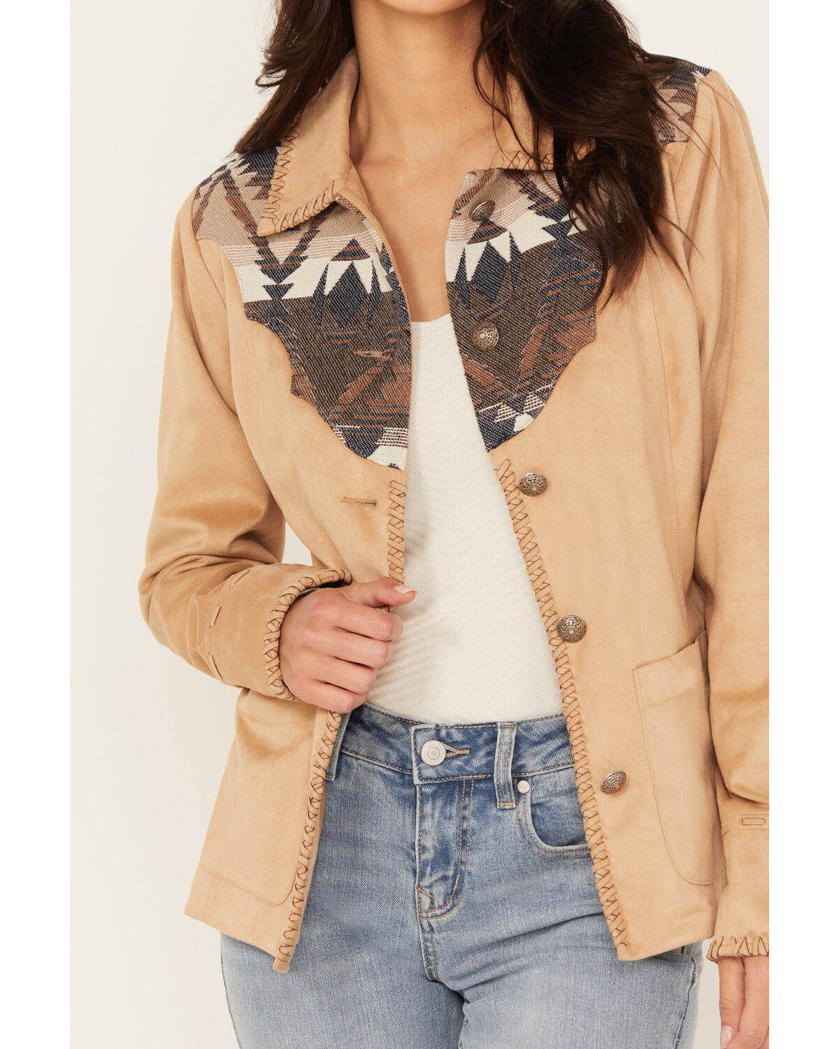 Image #3 - Shyanne Women's Faux Suede Southwestern Yoke Blazer, Beige, hi-res
