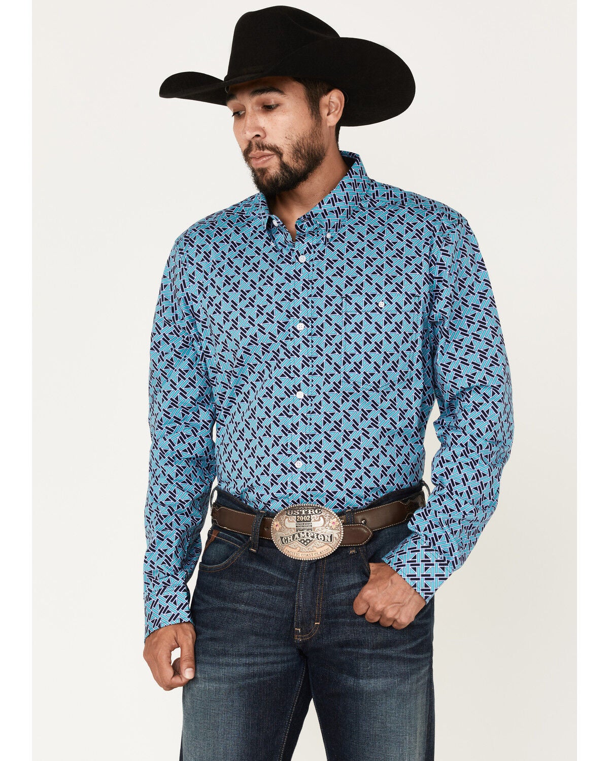 Image #1 - RANK 45&reg; Men's Tie-Down Geo Print Button-Down Western Shirt, Blue, hi-res