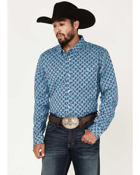 Image #1 - RANK 45® Men's Tie-Down Geo Print Button-Down Western Shirt , Blue, hi-res