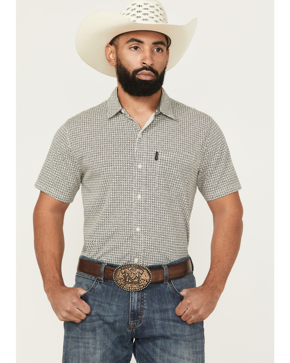 Image #1 - Ariat Men's Fitted Retro Checkered Print Short Sleeve Button-Down Western Shirt, White, hi-res