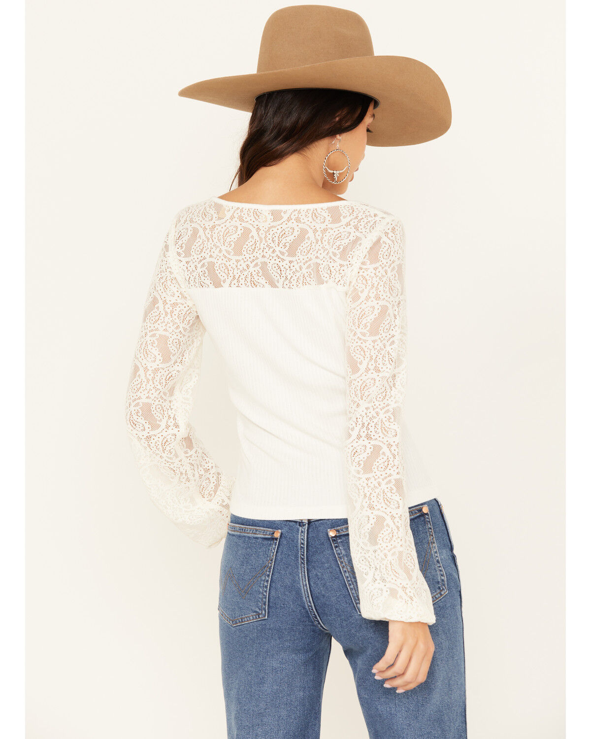 Image #4 - Shyanne Women's Lace Sleeve Rib Long Sleeve Top, Off White, hi-res