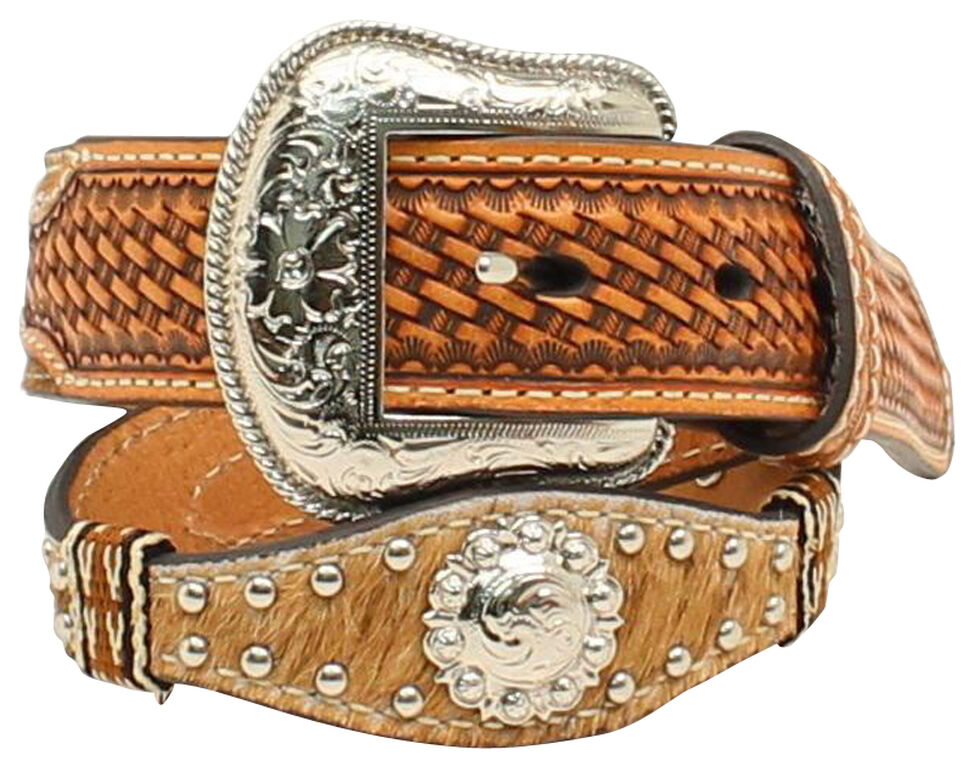 Nocona Boys' Scallop Calf Hair Ribbon Belt, Natural, hi-res