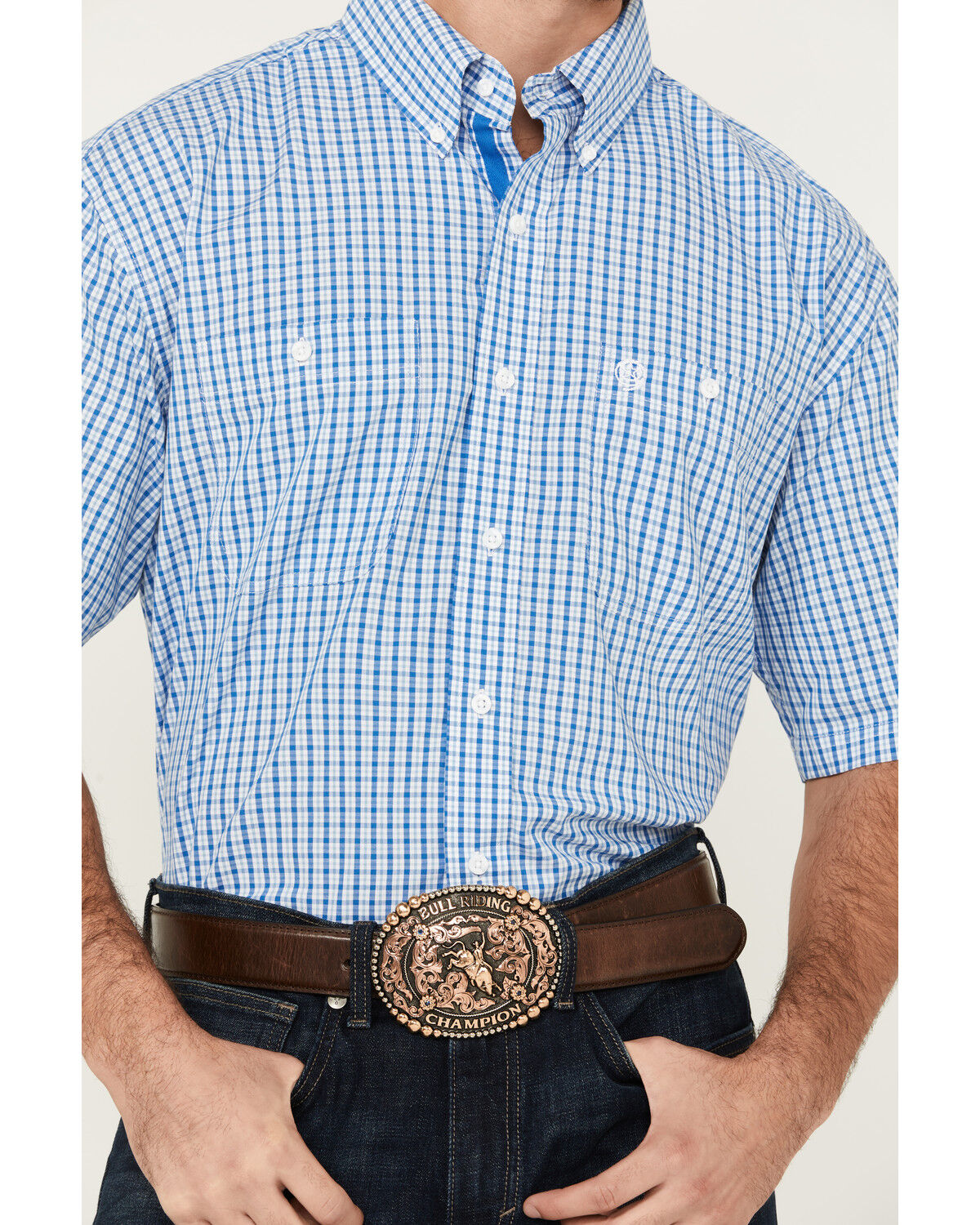 Image #3 - George Strait by Wrangler Men's Plaid Print Short Sleeve Button-Down Stretch Western Shirt, Blue, hi-res