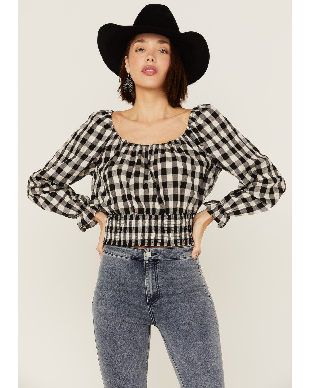 Image #1 - Beyond The Radar Women's Gingham Tie Back Smocked Blouse, Black, hi-res