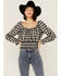Image #1 - Beyond The Radar Women's Gingham Tie Back Smocked Blouse, Black, hi-res