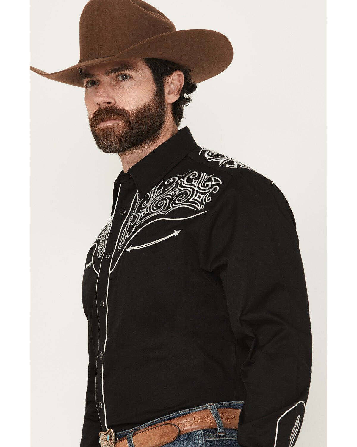 Image #2 - Rodeo Clothing Men's Embroidered Long Sleeve Snap Western Shirt, Black, hi-res