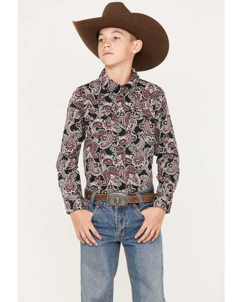Cody James Boys' Johnny Ringo Long Sleeve Snap Western Shirt, Red, hi-res