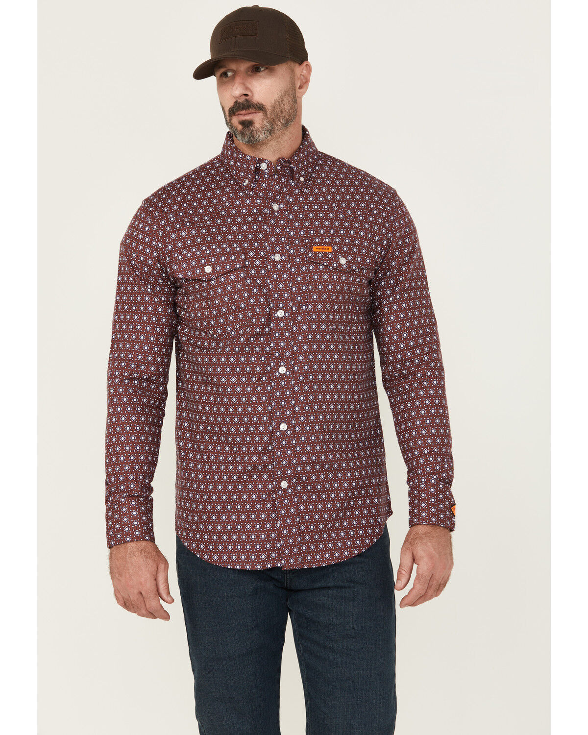 Image #1 - Wrangler Men's FR Geo Print Long Sleeve Button-Down Work Shirt, Red, hi-res