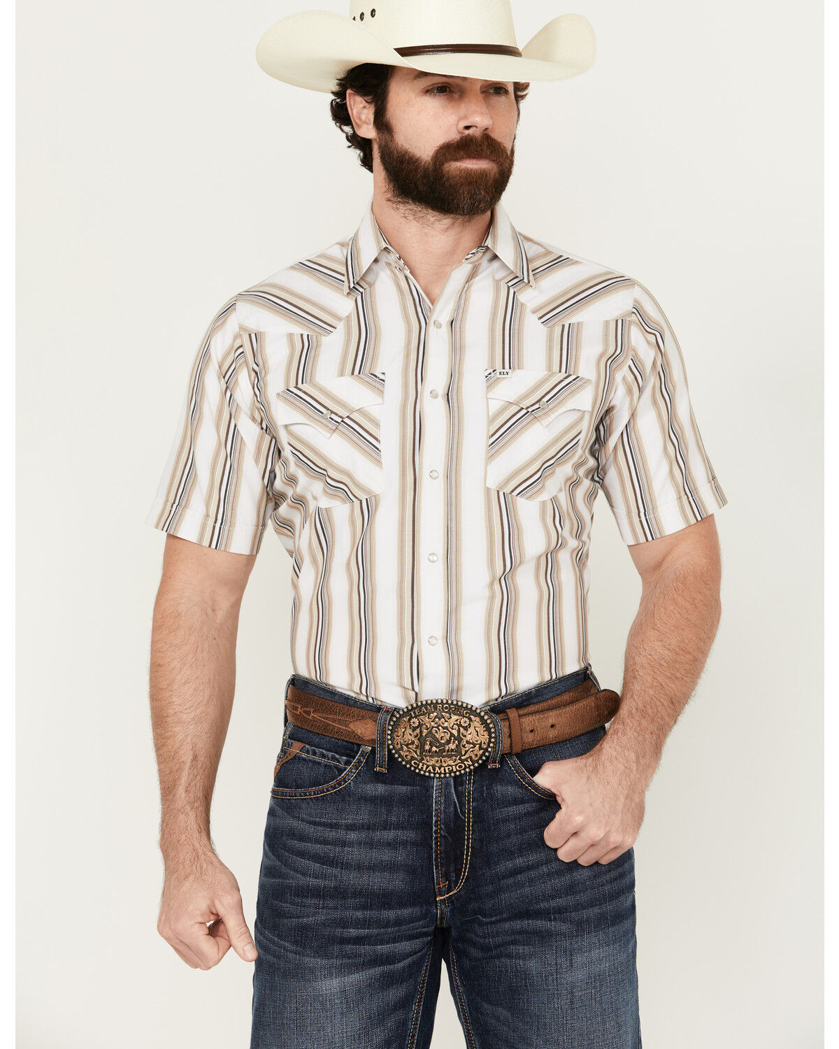 Image #1 - Ely Walker Men's Striped Print Short Sleeve Snap Western Shirt, Tan, hi-res