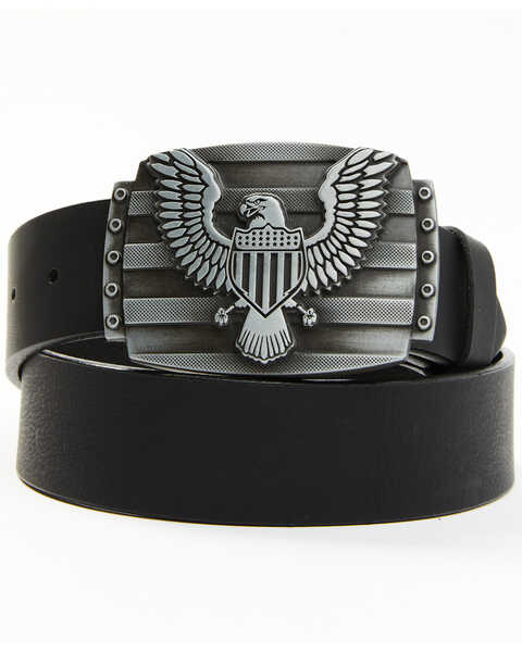 Brothers and Sons Men's Eagle Plaque Leather Belt, Black, hi-res