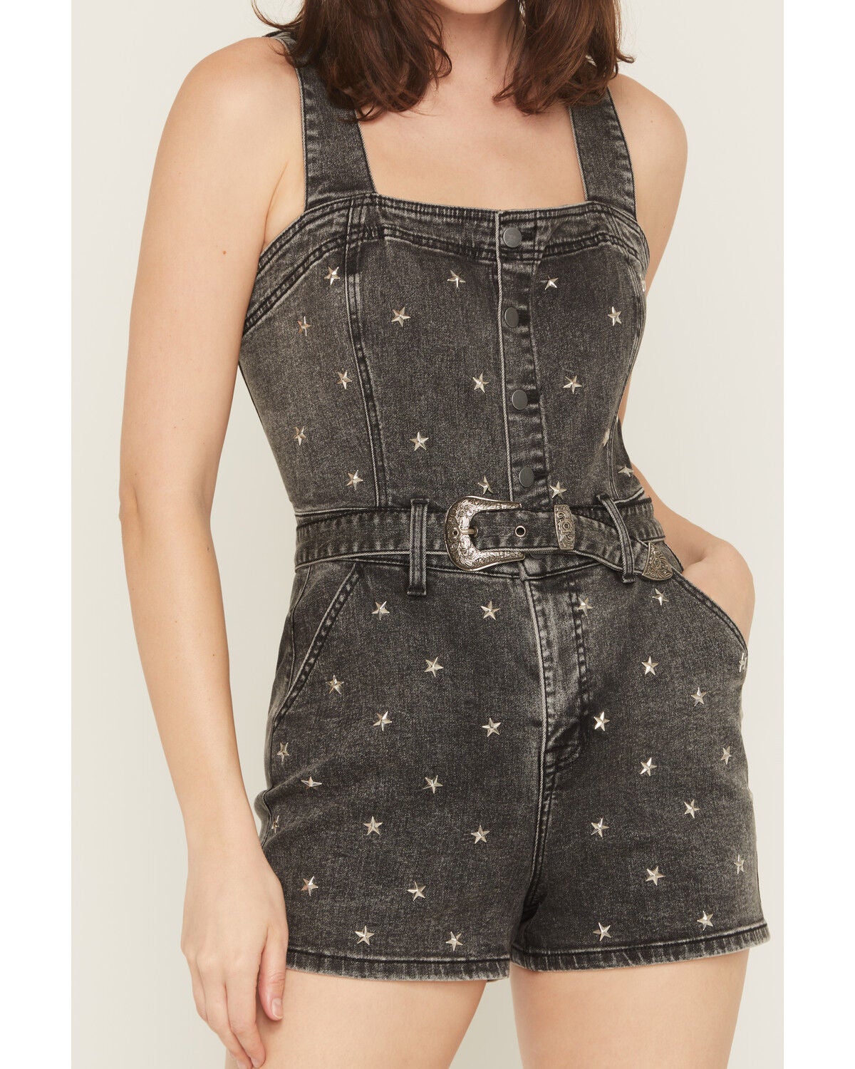 Image #3 - Rock & Roll Denim Women's Sleeveless Star Studded Denim Romper, Black, hi-res